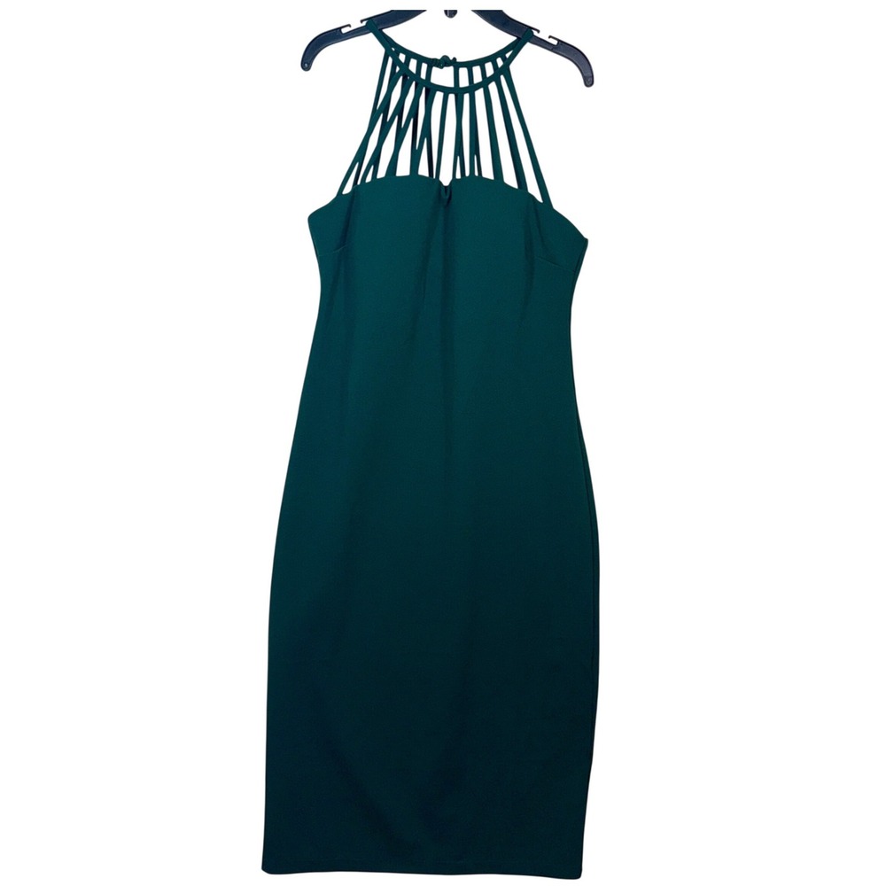 Premier Amour Emerald Green Cage Neck Bodycon Midi Dress Women's Size 10